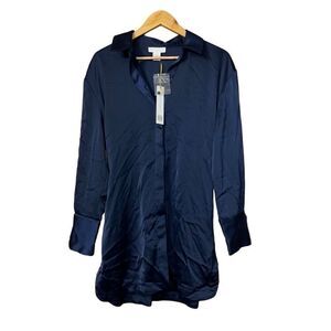 HOUSE OF HARLOW 1960 Women Long Sleeve Button Up Tunic Blouse Small Navy Satin n